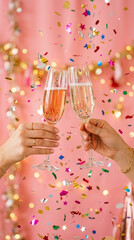 Fototapeta premium Celebration Toast Two Hands Clinking Champagne Glasses with Falling Confetti and Bokeh Lights