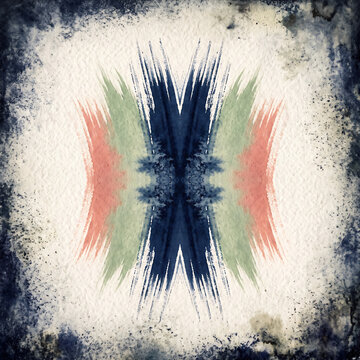 Symmetrical watercolor painting with a central dark blue brushstroke pattern, flanked by muted green and coral pink streaks on a textured off-white paper background, with a dark, distressed border