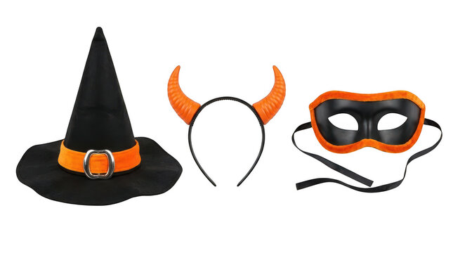 Halloween costume accessories including a witch hat, devil horns headband, and an orange masquerade mask isolated on transparent background