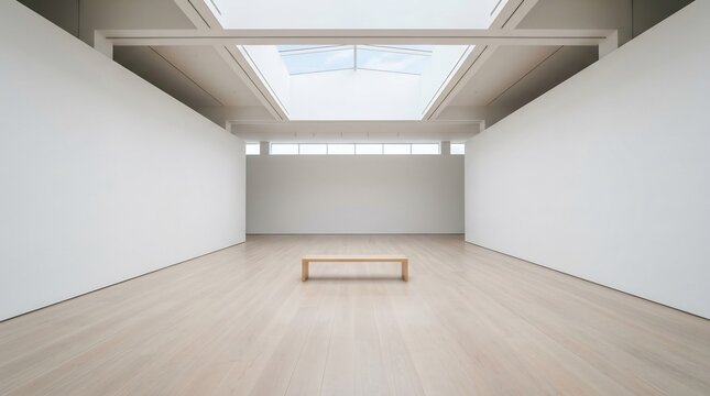 Empty minimalist gallery with solitary bench under skylight, symbolizing mental clarity, inner peace, mindfulness, quiet headspace, and solitude.