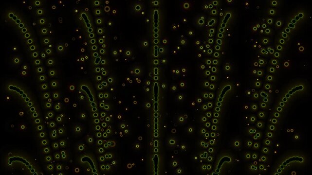 Abstract Microscopic View Of Bioluminescent Green Bacteria Chains Floating In Dark Liquid Nutrient Medium Glowing Organic Cells And Fluorescent Particle Patterns Rendered In High Definition Scientific