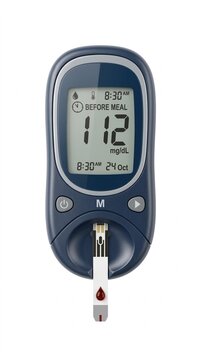 Close up of a digital glucose meter with blood drop on test strip displaying 112 mg dL before meal