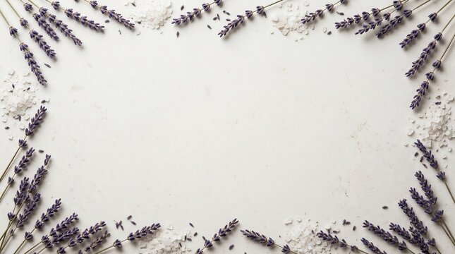 Dried lavender flowers and bath salt frame on white background, aromatherapy concept for stress relief, mental health, relaxation, and self-care wellness.