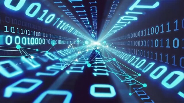 Digital binary code tunnel animation background, glowing data stream cyberspace and futuristic technology motion loop