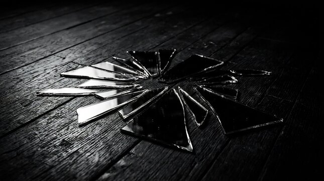 Shattered mirror shards on dark wood floor, conceptual symbol for depression, psychological trauma, fractured mind, mental breakdown, and emotional pain.