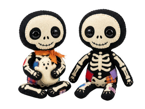 Two cute felt skeleton plush dolls with patches isolated on transparent background