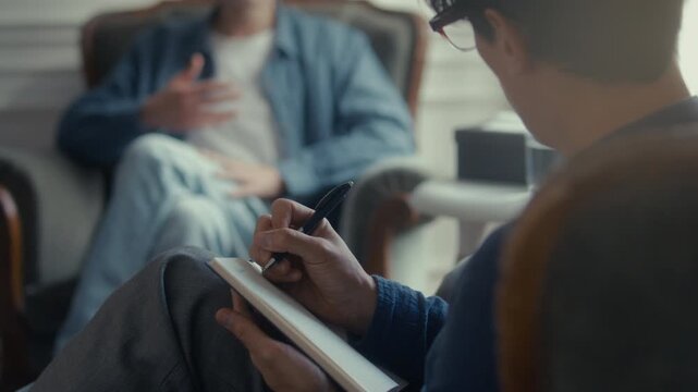 Close up view of psychologist taking notes on notepad as listening to male patient talking in background during therapy session
