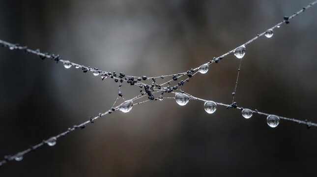 Delicate spiderweb threads holding heavy water drops, symbolizing vulnerability, emotional resilience, psychological burden, and fragile mental health balance.