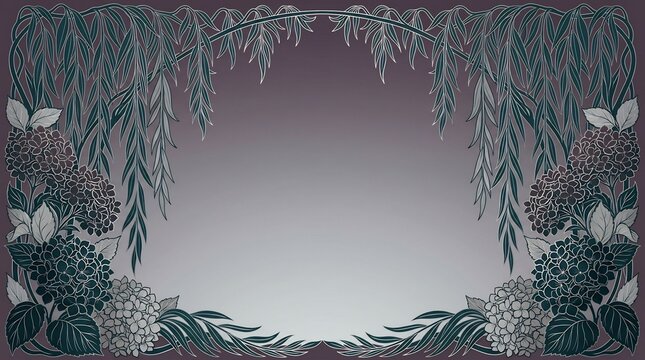 Moody Art Nouveau floral frame with weeping willow and hydrangeas, peaceful melancholy background for mental health, therapy, emotional healing, and mindfulness.