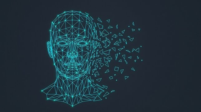 Digital human face wireframe shattering into fragments, representing mental breakdown, memory loss, Alzheimer's disease, depression, burnout, and psychological crisis.
