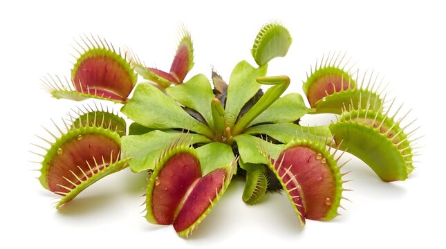 Carnivorous Venus flytrap plant with red traps on white background, exotic Dionaea muscipula botanical specimen, predatory green houseplant Isolated on White Background