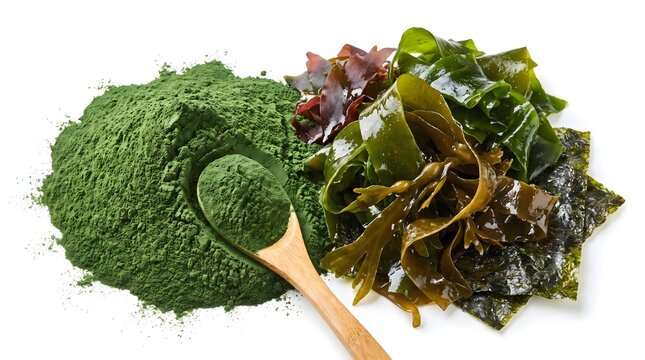 Green spirulina powder with wooden spoon, fresh seaweed and dried nori sheets, organic superfood ingredients for healthy nutrition Isolated on White Background