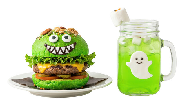 Funny green monster burger and ghost themed drink isolated on transparent background