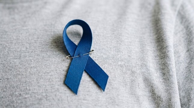 Blue awareness ribbon pinned on grey fabric symbol of support and hope