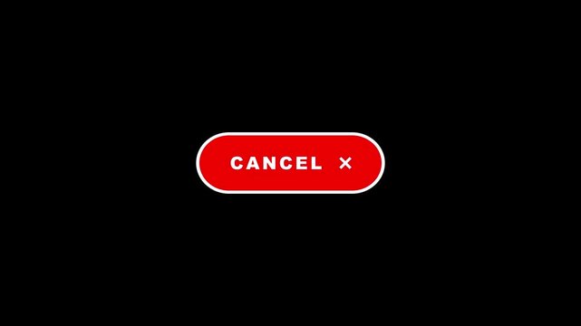 Animated red cancel button loop with white border capsule design and cross mark icon on black background in 4K resolution.