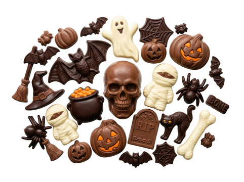 Collection of various halloween themed chocolate candies isolated on transparent background