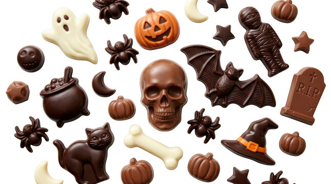 Assorted halloween chocolate candies shaped like skulls, ghosts, pumpkins, bats, and spiders isolated on transparent background