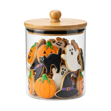 Glass jar with a wooden lid filled with assorted halloween themed sugar cookies isolated on transparent background