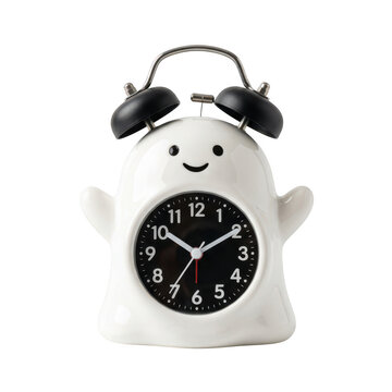 Cute white ghost shaped analog alarm clock with black face isolated on transparent background
