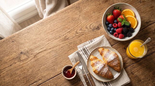 Rustic breakfast table with croissants, fresh berries, orange juice and jam