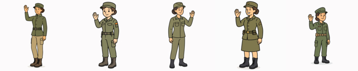 Fototapeta premium Set of vector illustrations of a female soldier standing, smiling, and waving.