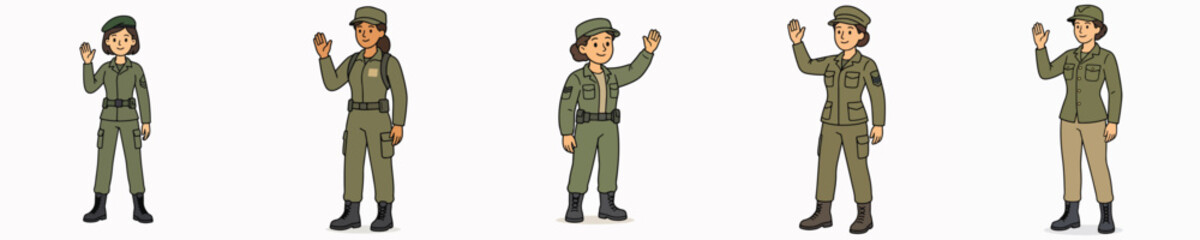 Fototapeta premium Set of vector illustrations of a female soldier standing, smiling, and waving.