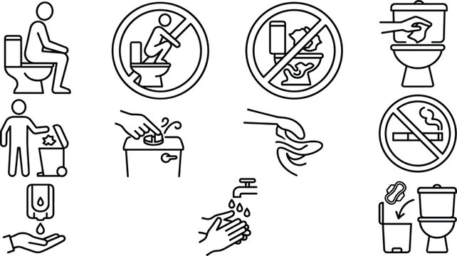 Public Restroom Rules Icon Set with Toilet Etiquette Hygiene Instructions Prohibited Squatting Trash Disposal Handwashing and No Smoking Navigation Symbols