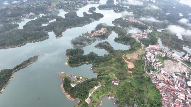 Guatap&eacute; Reservoir with Islands and Mountain Landscape in Antioquia, Colombia. Establishing Shot. Aerial View.