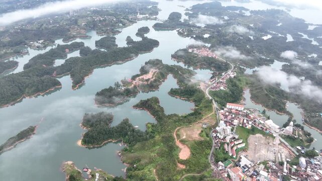 Guatap&eacute; Reservoir with Islands and Mountain Landscape in Antioquia, Colombia. Establishing Shot. Aerial View.