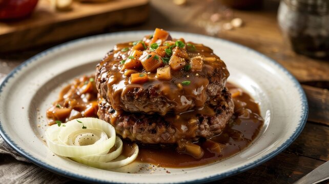 American cuisine. Salisbury steak with apple gravy. Minced beef cutlets topped with a thick brown sauce containing pieces of stewed apples and onions.