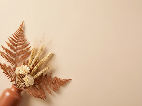 Minimalist boho dried flowers in vase, earthy terracotta floral arrangement on beige background, rustic autumn bouquet with fern and wheat