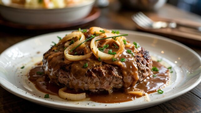 American cuisine. Salisbury steak. A minced beef patty topped with a thick mushroom or onion gravy and garnished with onion rings.
