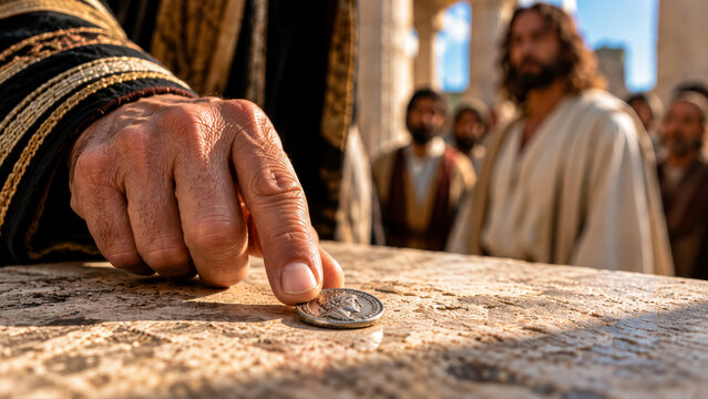 The scribes and high priests show Jesus a denarius bearing the image of the Caesar.