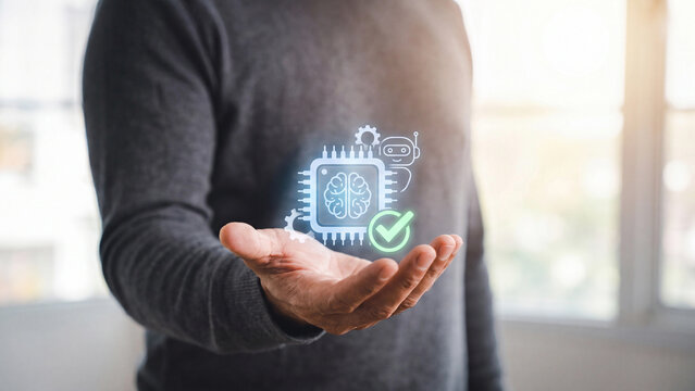 Ai chatbot and machine learning concept, hand holding smart brain chip with robot and gear symbol for automation technology, neural computing, software assistant and business innovation