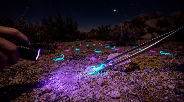 Ground level night shot showing UV flashlight revealing fluorescent glowing scorpions on the ground