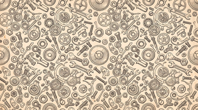 Mechanical parts and tools arranged in a pattern for design or background use