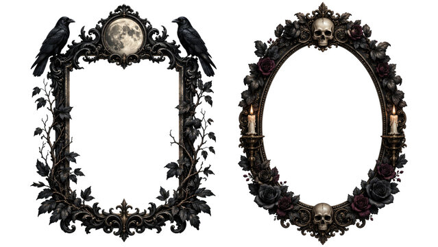 Two ornate gothic picture frames, rectangular with moon and ravens and oval with skulls, roses and candles, dark Victorian baroque style for Halloween, horror and occult themes