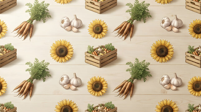 Rustic Autumn Harvest Seamless Pattern, Farm Produce Flat Lay Background