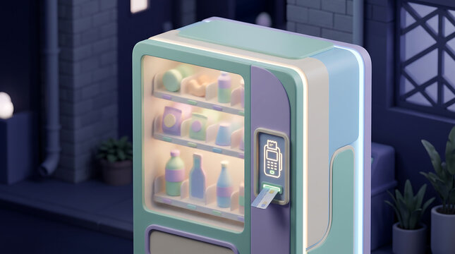 A 3D rendered pastel-colored vending machine with a credit card terminal, situated on a dark blue urban street at night with soft interior lighting