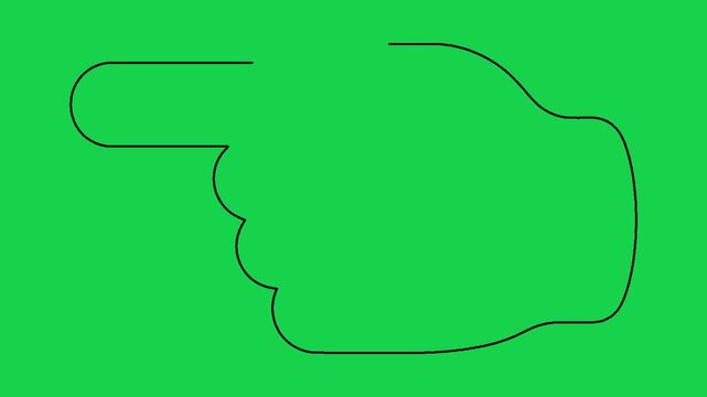 Hand gesture pointing left drawn with simple black line on solid green screen background.
