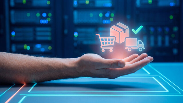 Ecommerce shopping and delivery logistic concept, hand holding cart with parcel box and truck for online retail order, fast shipping service, supply chain and customer purchase experience