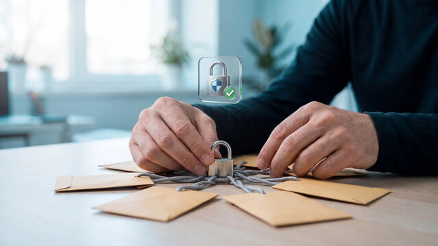 Email encryption and mail privacy concept, hand locking envelope group with padlock and shield symbol for document confidentiality, data protection, phishing defense and business compliance