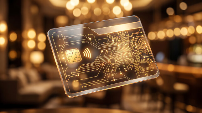 A close-up of a transparent, futuristic credit card featuring glowing gold circuit board patterns, a metallic emv chip, and a contactless payment symbol, floating in a blurred interior