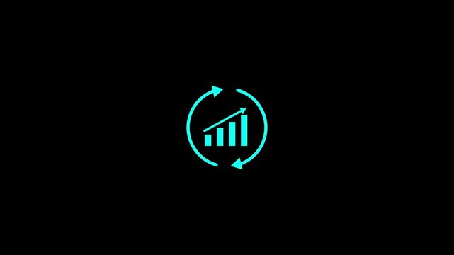 Animated continual improvement and revolve cycle flow lines icon featuring up growth graph on black screen.Bar graph chart business growth and upward animation