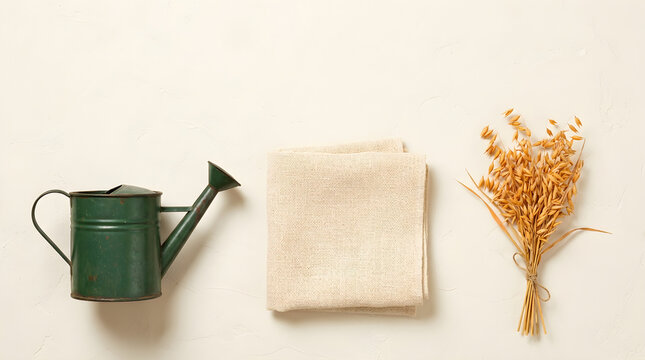 Rustic gardening flat lay, green watering can, linen napkin, dried wheat bouquet