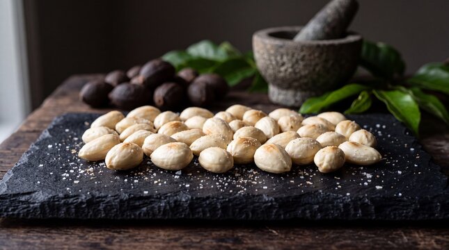 Vanuatu Nangai Nuts Roasted Canarium Kernels with Sea Salt on Black Slate with Whole Nuts in Shell, Leaves and Stone Mortar
