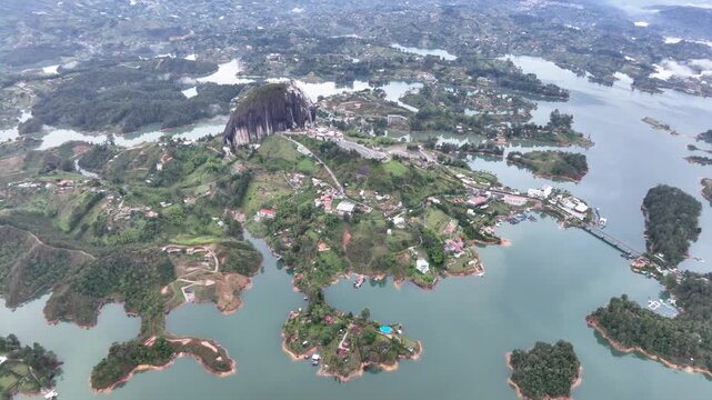 Scenic Guatap&eacute; Lake and Green Islands Surrounded by Mountains in Antioquia, Colombia. Establishing Shot. Aerial View.