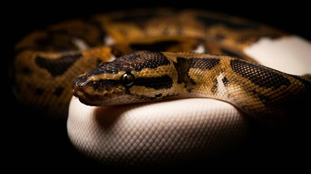 piebald ball python close up isolated on black background video