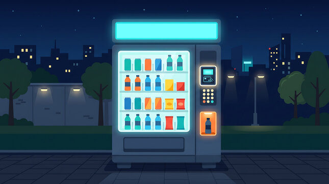 Flat of a glowing vending machine filled with colorful soda cans and snacks, standing on a city sidewalk at night with a dark urban skyline in the background