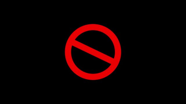 Animated forbidden red circle and line symbol icon.Warning, stop, no entry prohibited circle animation on transparent background.
